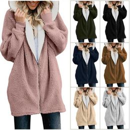 Women's Jackets Autumn Winter Fashion Plush Solid Hooded Jacket Casual Plus Size Zipper Cardigan Ladies Long Coat 5xl 211014