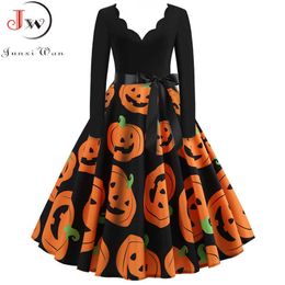 Women Dress Winter Long Sleeve V Neck Pumpkin Print Halloween Costume Party Dresses Casual Vintage Plus Size S~3XL Clothing Y1006