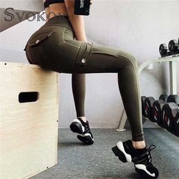 SVOKOR Military Style Fitness leggings With Pockets Women High Waist Hip Lift Trousers Sexy Booty Lifiting External Wear Casual 211204