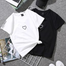 Couples Lovers T-shirt For Women Casual White Tops T Shirt Love Heart Embroidery Print