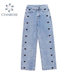 New Spring Vintage Wide Leg Jeans Woman Long Denim Trousers Cowboy Female Loose Korean Streetwear Heart Flower Print Pants 210417