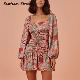 Summer Beach Floral Printed Dress Woman Puff Sleeve Square Collar Boho Rainforest Vacation Female Runway Design 210603