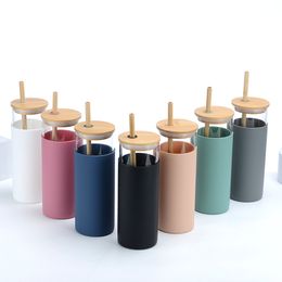 Bamboo Cover Glass with Straw Silicone Cover High Borosilicate Glass Cup Cross-border Factory Direct Printing LOGO Xu
