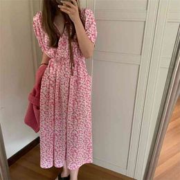 Pink Summer Dress Women Floral Print Slit Boho Long Puff Sleeve Ruffle Sundress 210529