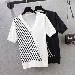 Oversize Knitted Sweater Women Fashion Chic Sexy V Neck Cross Front Irregular Jumper Women Pullover Stripe Color Black White 210604