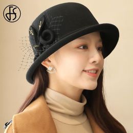 Berets FS Korean 100% Wool Felt Dome Cloche Hat Wide Brim Bowler Winter Warm Fedoras Ladies Floppy Hats Cap With Veil Big Flowers