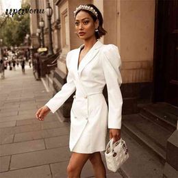 Free Autumn Women Dress Elegant Lapel Puff Long Sleeve Double Breasted White Bodycon Party Vestido 210524