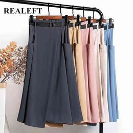 Solid Cargo Women's Long Skirts with Belted High Waist Casual A-Line Female Umbrella Pockets Ladies 210428