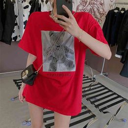 Fashion printing drilling Tshirt Tops Summer casual Mid-length Loose Women T-shirts O-neck graphic t shirts y2k top 210507