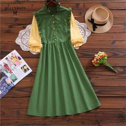 Japanese Spring Autumn Women Avocado Green Party Dress Cute Sweet Patchwork Elegant Kawaii Ruffles Lolita Style Girl 210520