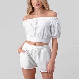 Colysmo Cotton Two Piece Set Womens Sexy Off Shoulder Short Sleeve Crop Top Casual Shorts 2 Pieces Summer Tracksuit 210527