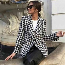 houndstooth tweed knitted blazer jacket women autumn winter double breasted office ladies vintage pockets coat 210427