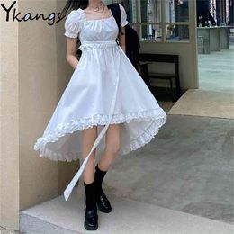 Japanese Lolita Gothic Dress Women Square Collar Vintage Puff Sleeve Irregular High Waist A-Line Sweet Lace Splice Clothes 210421