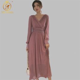 HMA New Spring Fashion Vintage Long Sleeve Maxi Dress High Waist Elegant Boho Dress Women Shiny Long Dresses Vestidos 210409