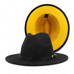 Fashion Women Men Patchwork Artificial Wool Felt Fedora Hats with Belt Buckle Double-Sided Color Flat Brim Jazz Panama Cap