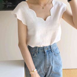 Fashion Casual Short Sleeve White Blouse Women Korean Summer V-neck Top Chic Wave Design Loose Shirt Blusa Mujer 14599 210521