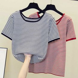 Oversized women T-Shirts short sleeves V-neck summer short casual Stripe fashion female knitting sweater pullover jersey mujer 210604