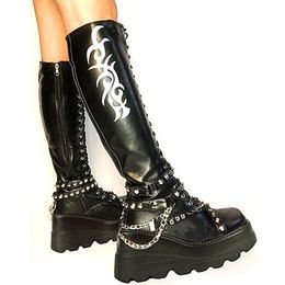 Brand New Cool large Size 43 INS Hot High heeled Black Punk Gothic Street Woman Platform Shoes Wedges Knee High Boots