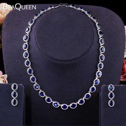 BeaQueen Stunning Big Oval Dark Blue Cubic Zirconia Stones Earrings Choker Necklace Wedding Jewellery Sets for Women JS272 H1022