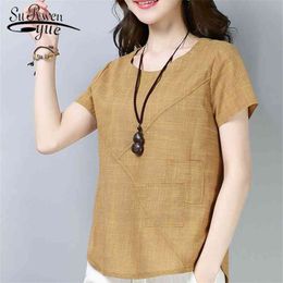 Women's blouse short sleeve fashion linen cotton women tops and blouses shirts Plus Size female clothes 2127 50 210521