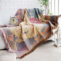 World map Cotton Bohemian Plaids Blanket Multi-function Sofa Decorative piano cover tapestry Cobertor Tassel