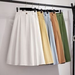 Summer Autumn Slim Mid-Length Korean-Style High-Waist A- line pocket Skirt womens clothes Button casual Cotton skirt 210420