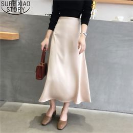 Women Elegant OL Ladies Glossy Satin Skirt Fashion Casual Shiny Party Office Solid High Waist Skirts 9645 210417