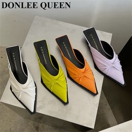 New Designer Women Slippers Slip on Slide Kitten Heel Shoes Women Brand Pleated Mules Elegant Ladies Shoes Outdoor Slipper Mujer Y1120