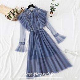 Long-Sleeved Party Dresses Women Ruffle Sweet Mesh Midi Dress Female Spring Summer Lace Dress Vestidos Two-piece Suit 210521