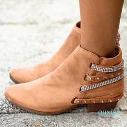 Boots Women Ankle Low Heels Autumn PU Leather Warm Shoes Plus Size Gladiator Shiny Crystal Booties Woman Mujer Zapatos Female