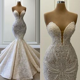 Luxury Beaded Mermaid Wedding Dresses Bridal Gown Crystals Custom Made Sweetheart Neckline Lace Applique Floor Length Plus Size vestido de novia