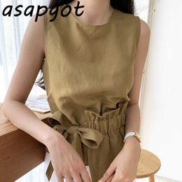 Simple Chic Korean Summer O Neck Irregular Hem Sleeveless Blouse Women Slim Lace Up Waist Bow Casual Shirts Vintage Blusas 210610