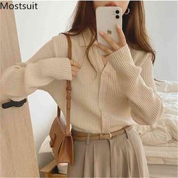 Single-breasted Knitted Cardigan Tops Women Full Sleeve Turn-down Collar Solid Basic Fashion Vintage Female Jumpers Sweater 210513