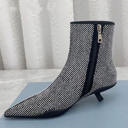 New Luxurious Crystal Kitten Heels Ankle Boots Woman Pointed Toe Genuine Leather Boot Woman Zip party Shoes Women