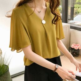 Women Summer Casual Chiffon Shirt Short Butterfly Sleeves V-Neck Sequined Solid Tops Vestido plus size DF2590 210609