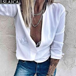 Blouse Women Long Sleeve White V-Neck Tops Casual Elegant Office Shirt Draped Outwear Ladies Top Blusa Feminina 210515