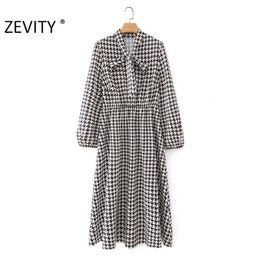 Autumn Women Vintage Houndstooth Plaid Print Shirt Dress Ladies Chic Bow Clothing Long Sleeve Business Vestido DS4547 210420