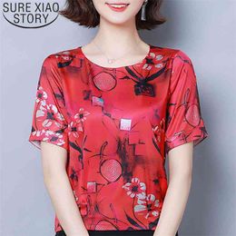 Summer Women Blouses Short Sleeve O-neck Clothing Casual Printed Red and Blue Tops Office Lady 5656 50 210506