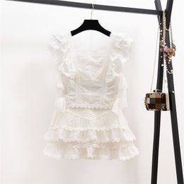 Summer Sexy Hollow Out Embroidery Lace Set Women's Suits Ruffles Short Sleeve Tops + White Mini Short Skirts 2 Piece Sets 210730