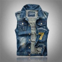 yelek erkek Men's Patches Design Jeans Vest Ripped Denim Waistcoat Men Man Sleeveless Frayed size 5XL 210923