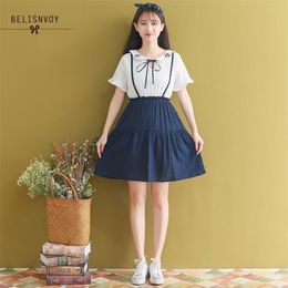 Japanese Summer Mori Girl Princess Dress Peter Pan Collar Embroidery Cute Fake Two Pieces Elegant Kawaii Ruffles 210520