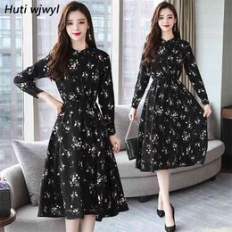 Autumn Winter Black Vintage Floral Chiffon Midi Dress Plus Size Boho Dresses Elegant Women Party Long Sleeve Dress Vestidos 210409
