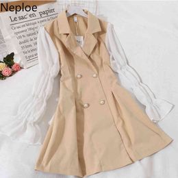 Neploe Women's Dress A-Line Notched Collar Patchwork Vestidos Mujer Korean Fashion Fake Two Piece Elegant Midi Dresses 4h576 210422