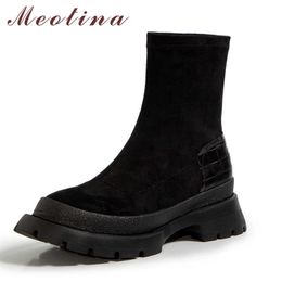 Meotina Real Leather Platform Mid Heel Ankle Boots Women Shoes Round Toe Chunky Heels Slip On Stretch Short Boots Black Autumn 210608