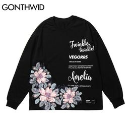 Long Sleeve Tees Shirts Streetwear Hip Hop Loose Flowers Print Tshirts Mens Women Harajuku Casual Cotton Floral Tops 210602