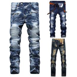 High Quality Men Casual Ripped Jeans Washed Straight Slim Pleated Motorcycle Biker Jeans Pants Male Denim Trousers Plus Size 42 G0104