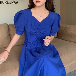 Korejpaa Women Dress Summer French Temperament V-Neck Pleated Design Loose Back Halter Careful Machine Puff Sleeve Vestidos 210526