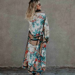 Bikini Cover-ups Boho Printed Belted Long Kimono Cardigan White Cotton Tunic Women Vintage Beach Wear Swim Suit Cover Up A229 210420