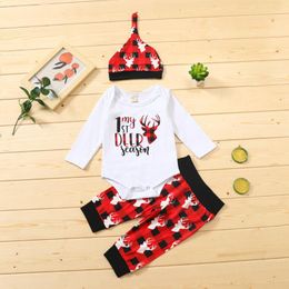 Clothing Sets Baby Girl Winter Jumpsuit Infant Boys Girls Christmas Letter Bodysuit Romper+Plaid Pants+Hat Outfits Clothes Fashion