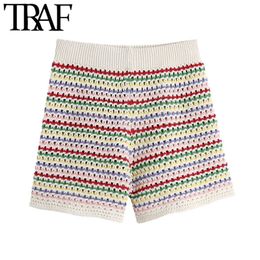 TRAF Women Chic Fashion Striped Knitted Shorts Vintage High Elastic Waist Female Short Pants Mujer 210415